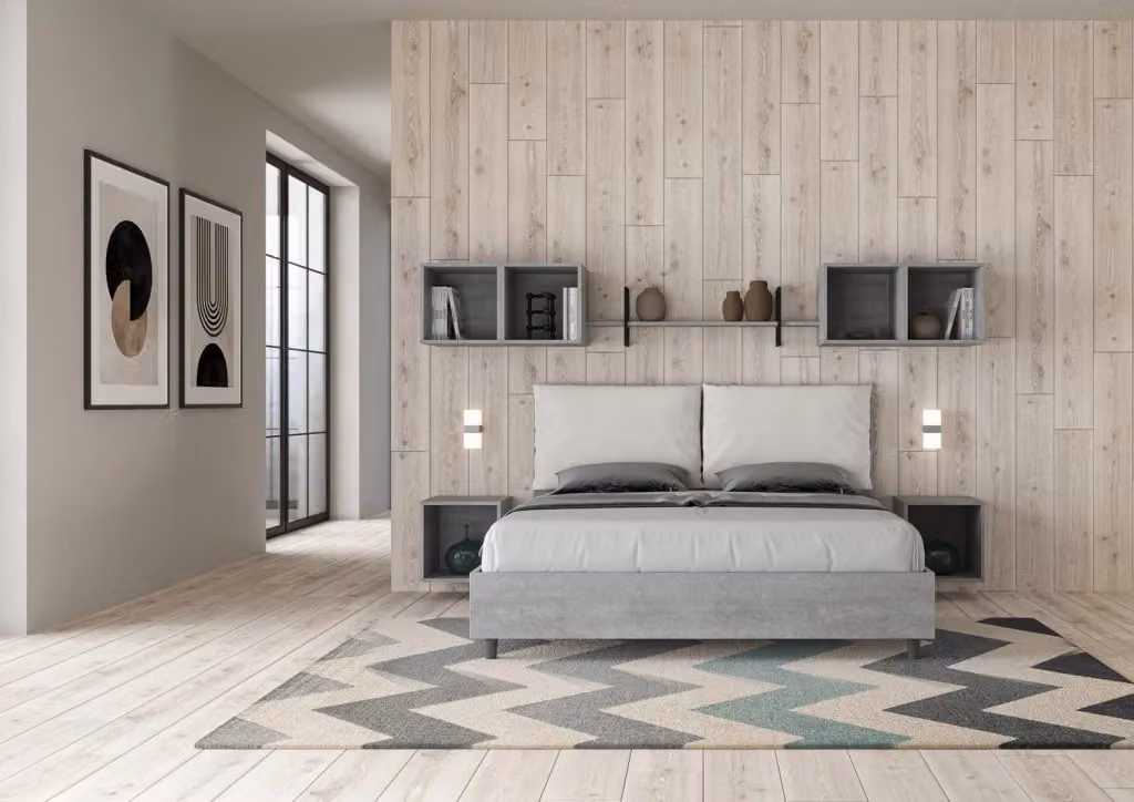Letto Matrimoniale Egos Antea Bianco con Rete e Contenitore, Struttura in Cemento e Cuscini in Similpelle, L/P/H: 160 x 200 x 112 cm – 2