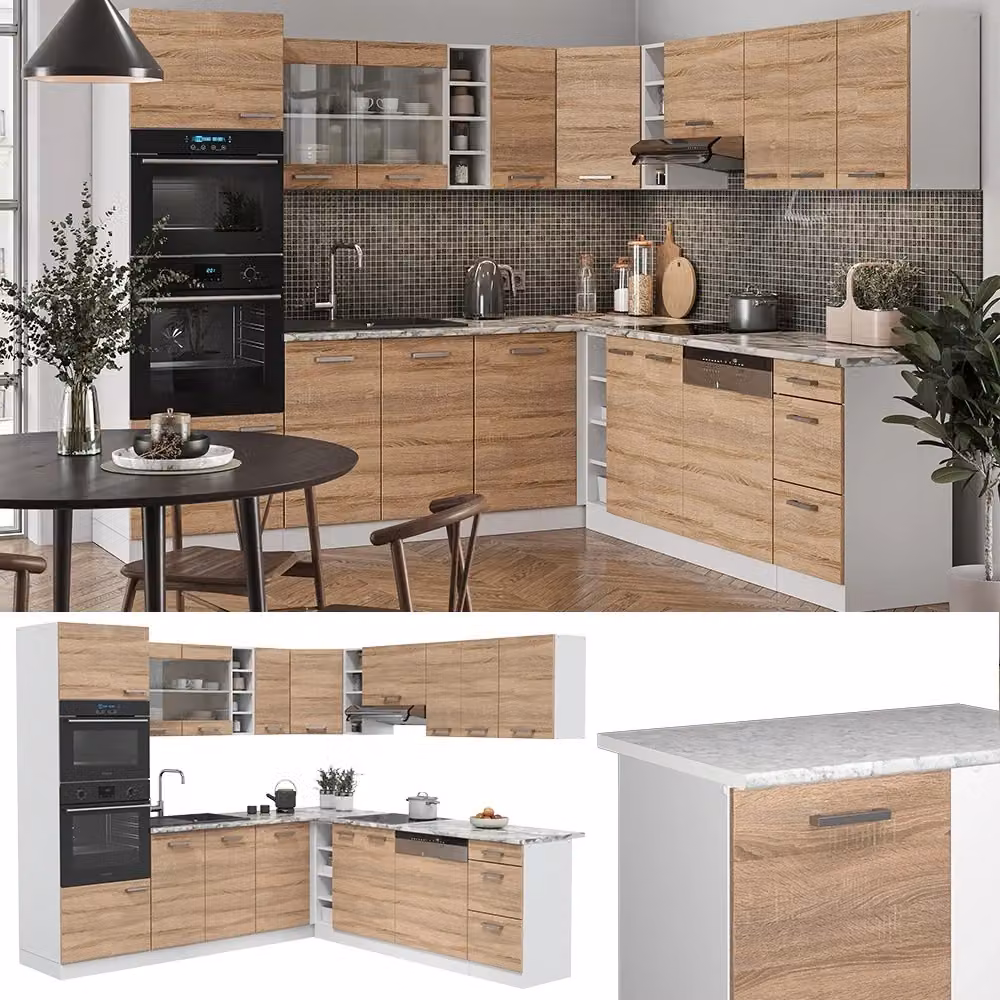 Cucina angolare moderna Vicco R-Line in finitura opaca bianco, beige e grigio con ante a battente e illuminazione integrata – 2