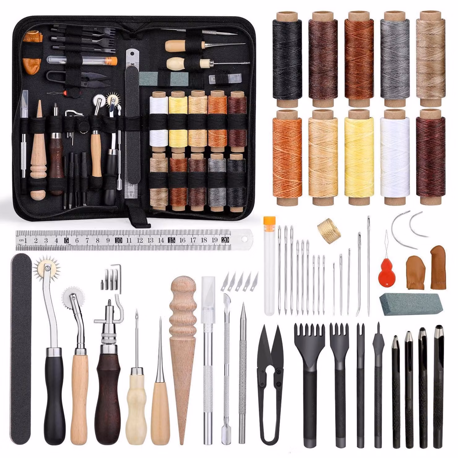 Kit da cucito in pelle da 57 pezzi, completo di 10 colori di filo cerato e strumenti