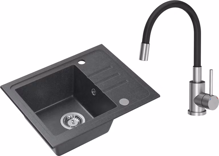 VBChome Lavello in granito nero con rubinetteria 55 x 44 cm Lavello da incasso a vasca singola Macchiettato Reversibile Lavello in granito Sifone Rubinetteria per lavabo