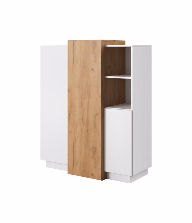 Comodino per soggiorno o camera da letto, bianco / effetto legno noce, finitura oro