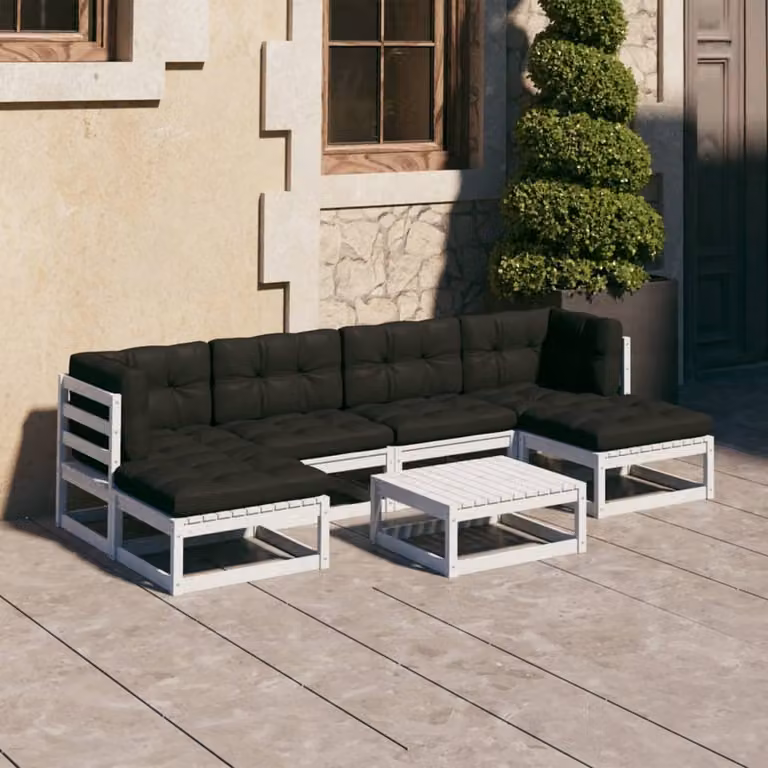 The Living Store Set da giardino 7 pezzi con cuscini in legno di pino massiccio bianco