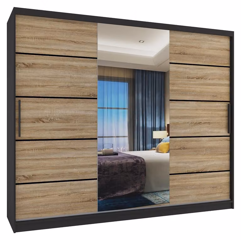 BELINI Verona, armadio scorrevole da 232 cm, nero/effetto legno noce sonoma opaco - armadio con specchio e 4 cassetti, ideale per la camera da letto