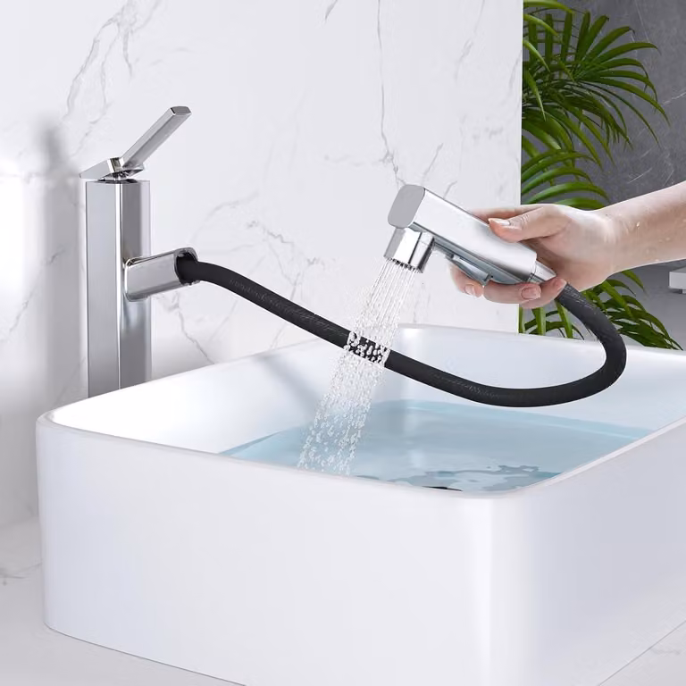 Miscelatore per lavabo con doccetta estraibile, 3 modalità di erogazione, rubinetto alto per bagno, monocomando, finitura cromata, predisposizione per un foro