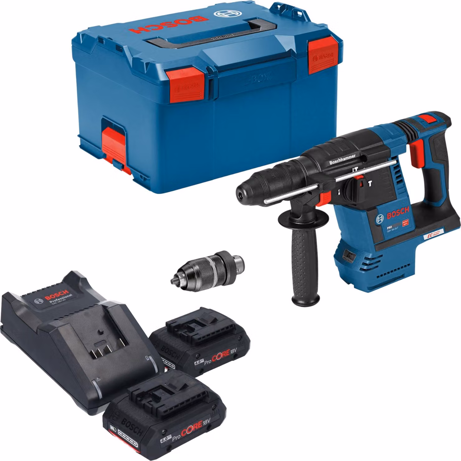 Bosch GBH 18V-26 F Martello perforatore a batteria professionale 18 V 2,6 J SDS plus Brushless + 2x batteria ProCORE 4,0 Ah + caricabatteria + L-Boxx