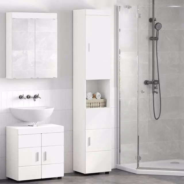 Set di armadi da bagno moderni vidaXL TULUM bianchi con ante a cerniera e ripiani interni L/P/H: 37 x 31,5 x 203 cm