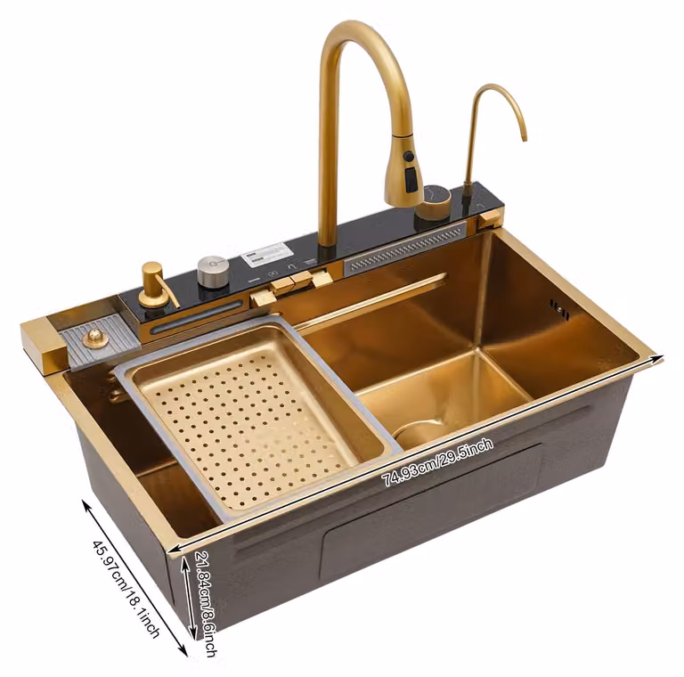Lavello da cucina, design rettangolare, con rubinetto estraibile, finitura dorata