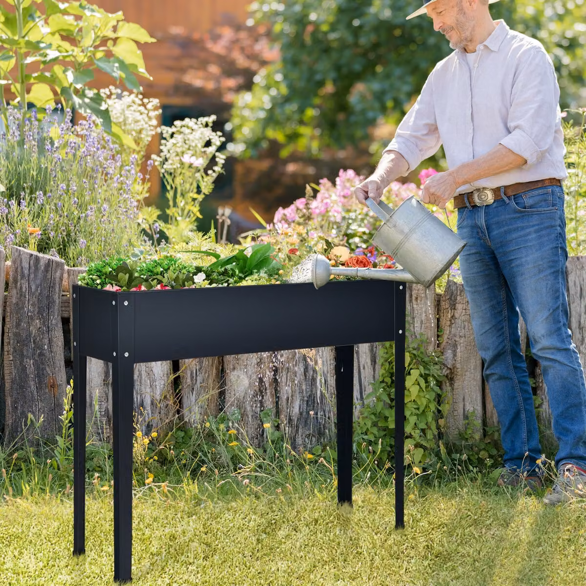 Fioriera rialzata Costway in acciaio galvanizzato per orto e giardino ornamentale, Grigio scuro