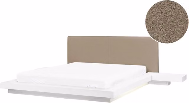 Letto matrimoniale BELIANI in frassino bianco con testata in bouclé e comodini con illuminazione LED, stile giapponese, L/P: 160 x 200 cm