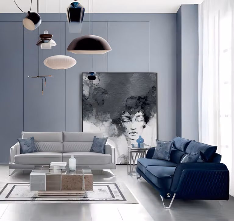Sofagarnitur 3+3 Sitzer Weiß Blau Stoffbezug Chromfüße Modern Elegantes Design