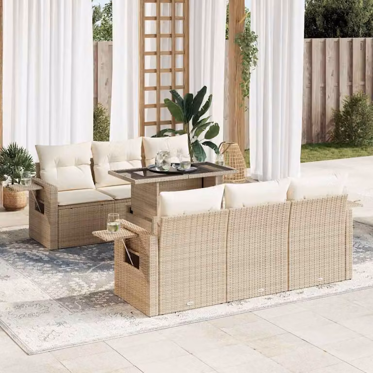 Set Divani da Giardino vidaXL 7 pz in Polyrattan Beige con Cuscini e Tavolino da Esterno