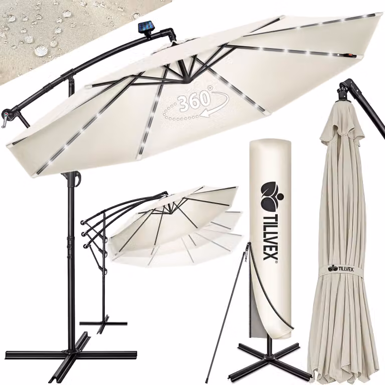 tillvex ombrellone a sbalzo in alluminio Beige LED Solar Ø 300 cm con manovella | ombrellone con interruttore on/off | ombrellone da giardino protezione UV alluminio | ombrellone a manovella con supporto ombrellone da mercato impermeabile