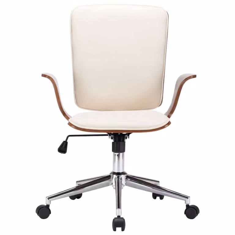 Sedia girevole da ufficio in ecopelle crema e legno curvato