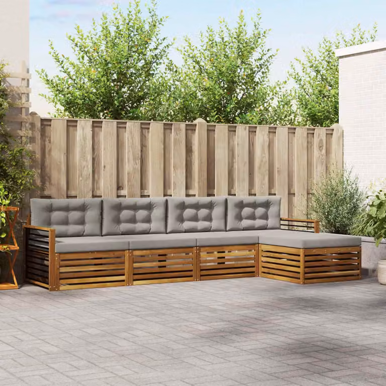 vidaXL Set di divani da esterno a L con pouf in legno di acacia, Grigio e Marrone