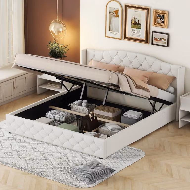 Letto imbottito Merax 180x200 cm, letto in lino con spazio contenitore idraulico, contenitore sotto il letto, letto matrimoniale imbottito, letto a piattaforme, struttura robusta, color beige