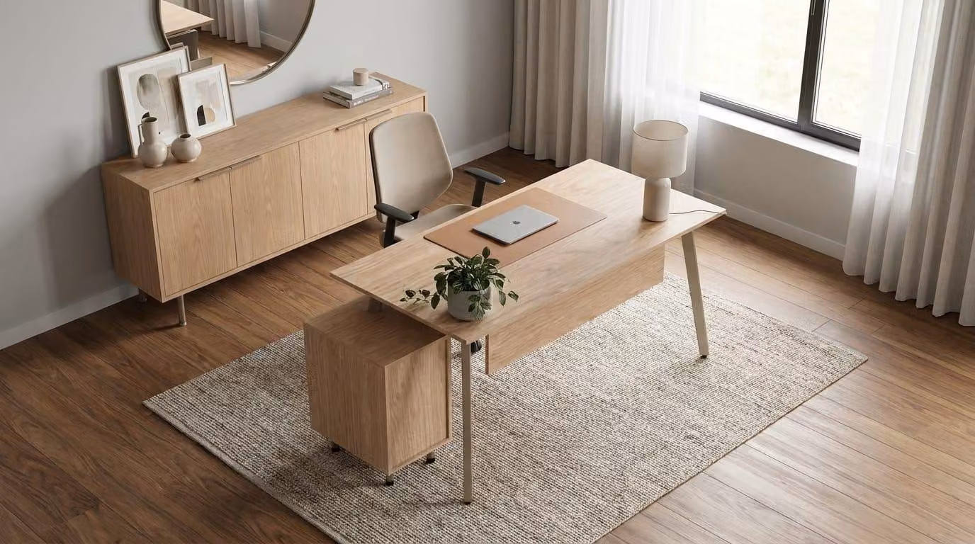 Set di alta qualità per l'ufficio: scrivania, mobiletto laterale, cassettiera, in legno di quercia