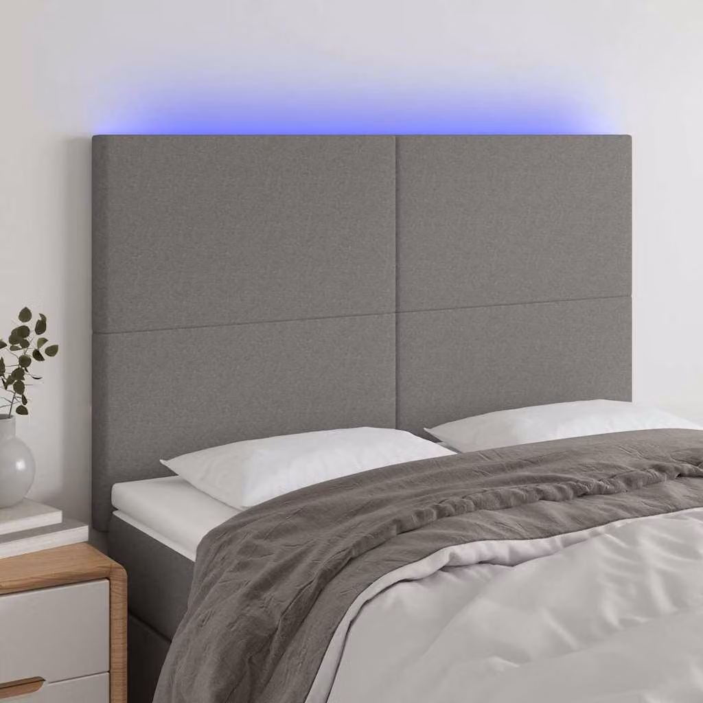 Testiera per letto vidaXL in tessuto grigio con illuminazione LED e porta USB, L: 144 cm, P: 5 cm, H: 118/128 cm