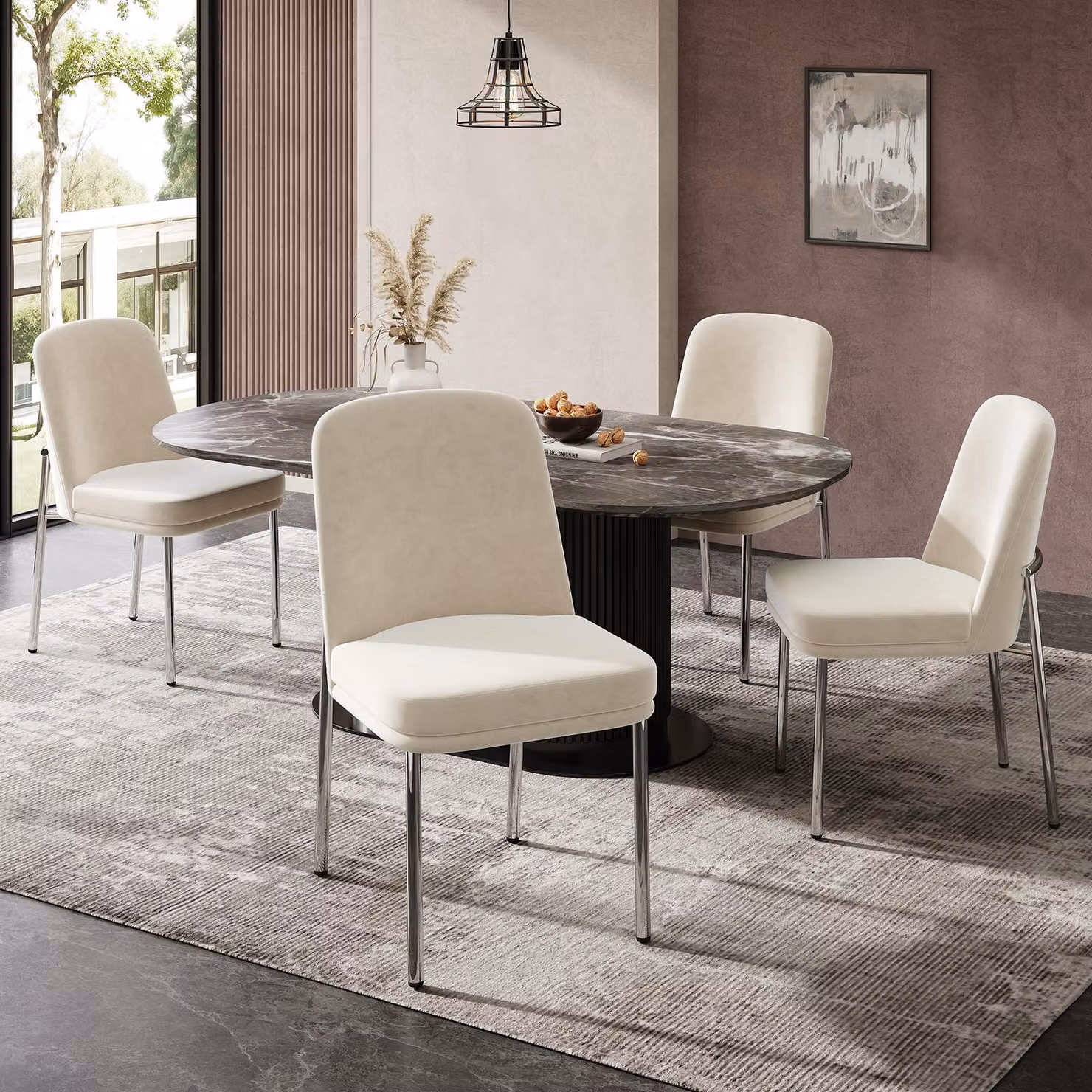 Set di 4 sedie da pranzo Fliek, sedie da cucina con cuscini di seduta rinforzati, sedie imbottite con gambe in metallo, sedia da salotto in velluto, 53x42,5x82 cm, beige