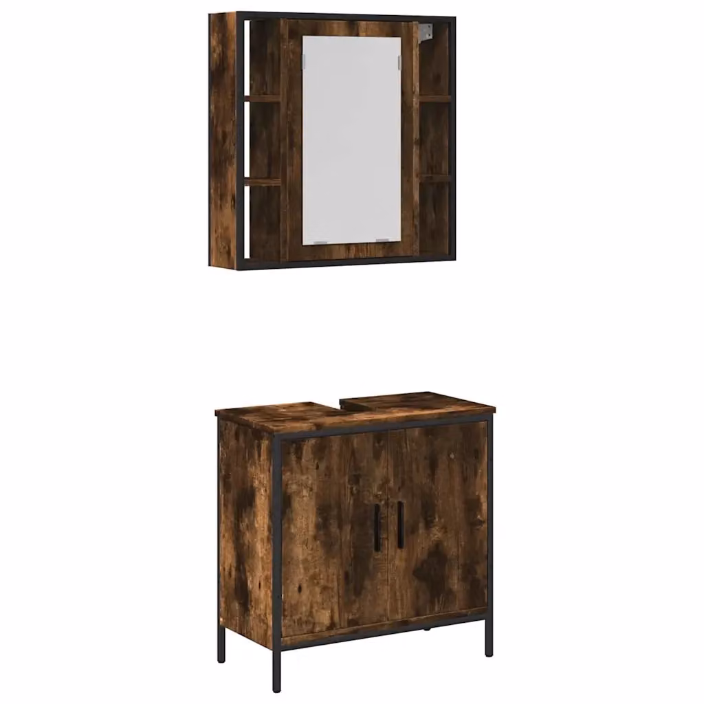 Set Mobili da Bagno vidaXL 2 Pezzi in Legno Rovere Marrone con Mobile Lavabo e Armadietto Specchio in Stile Industrial – 2