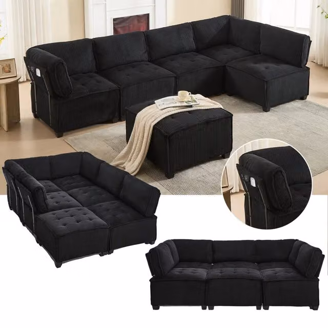 Divano modulare OKWISH a forma di U trasformabile in letto, 6 posti, rivestimento in velluto a coste nero, L 308 x P 154 x H 82 cm