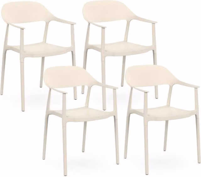 IDMarket Set di 4 sedie da giardino impilabili SUZON in polipropilene beige con braccioli
