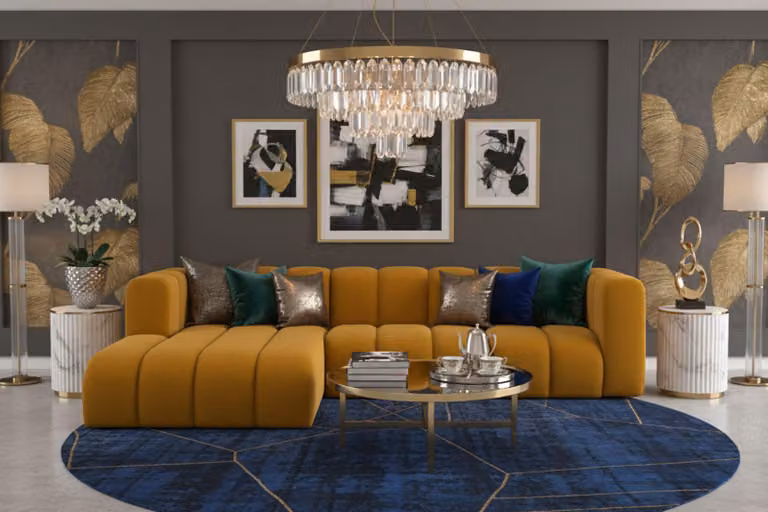 Divano angolare Kaiser Möbel a forma di L Grand L 287 cm, tessuto velour Salvador, giallo, sinistro