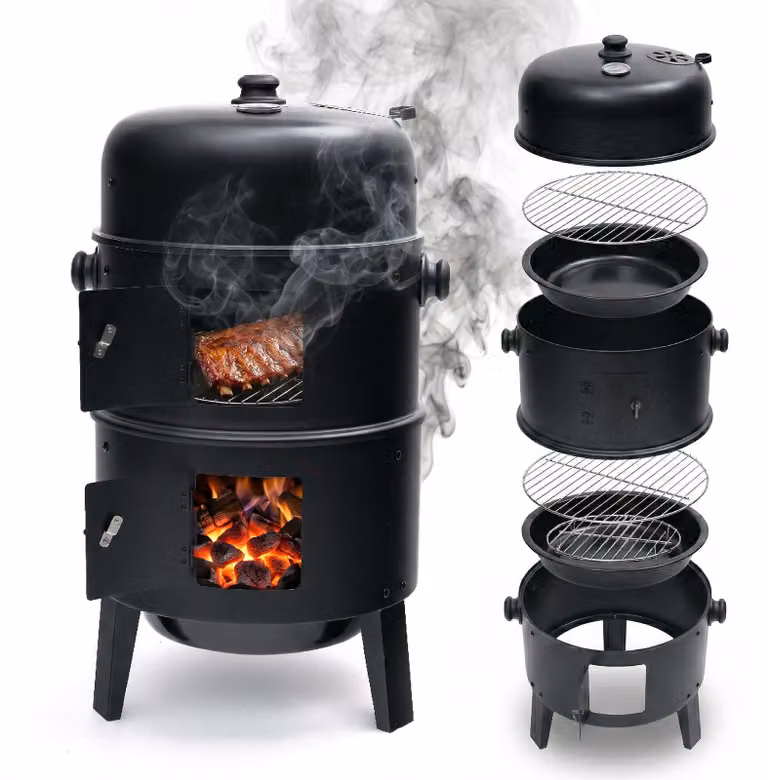 Relaxdays Smoker, 3 in 1, grigliare, affumicare e cuocere, termometro e sfiato, vaschette per l'acqua, acciaio, affumicatore, nero