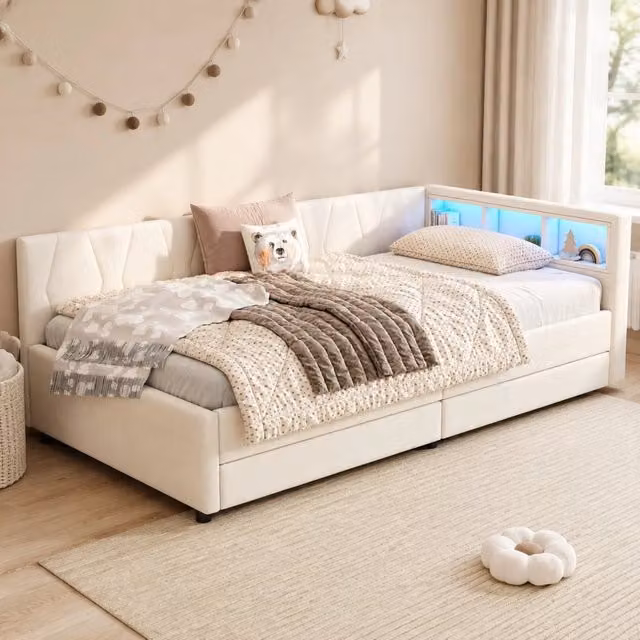 Letto singolo 90x200 cm beige in lino e MDF, LED USB Type C con 2 cassetti, senza materasso