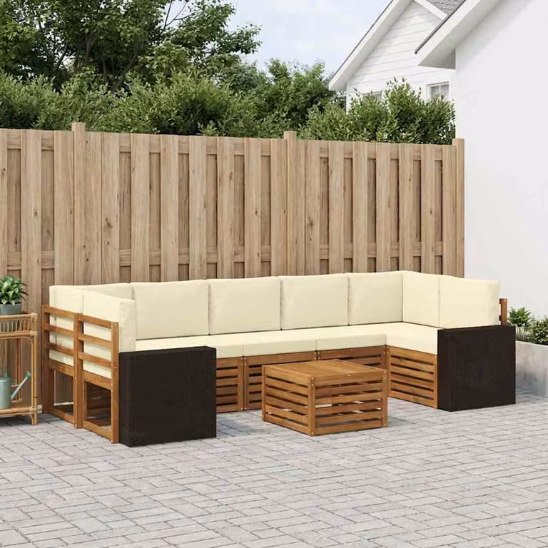 Set di divani da esterno vidaXL a forma di L composto da 8 pezzi in legno di acacia con cuscini, colore naturale e crema