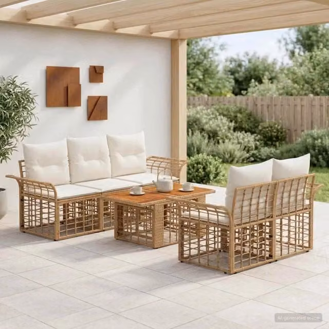 Set Divano da Giardino 6 pz Naturale e Bianco Crema polyrattan 3437948