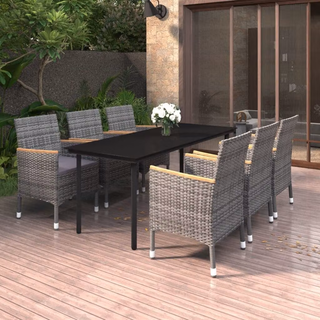 The Living Store Set da pranzo da giardino 7 pezzi con cuscini in poly rattan e vetro