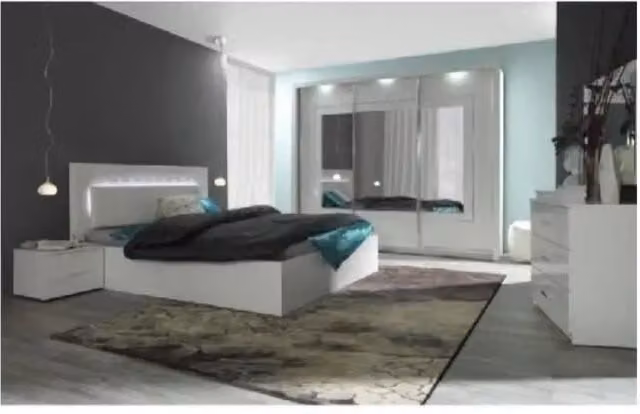 Camera completa PANAREA Meublorama in MDF bianco lucido con armadio, letto 160 x 200 cm, cassettiera e comodini con illuminazione integrata