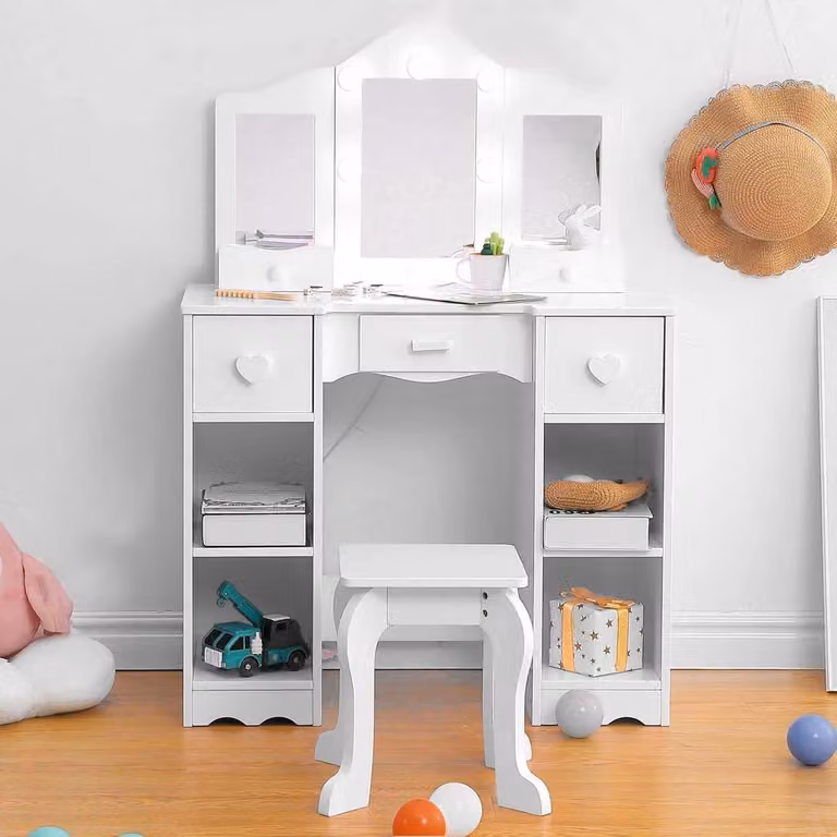 Tavolo da trucco per bambini - Set da gioco con specchio - Specchio pieghevole in tre parti - Ripiani aperti - Con sedia - Legno - Bianco