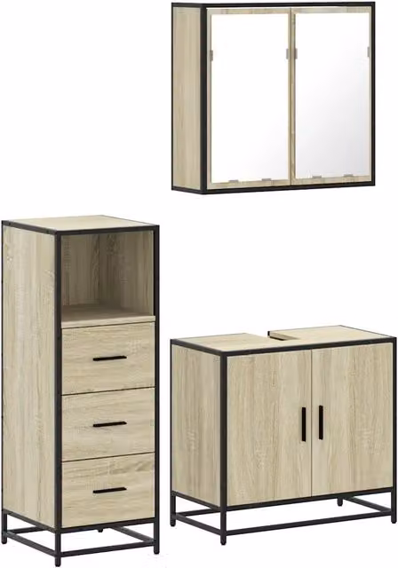 Set Mobili da Bagno | Armadio da bagno 3 pz Rovere Sonoma in Legno Multistrato
