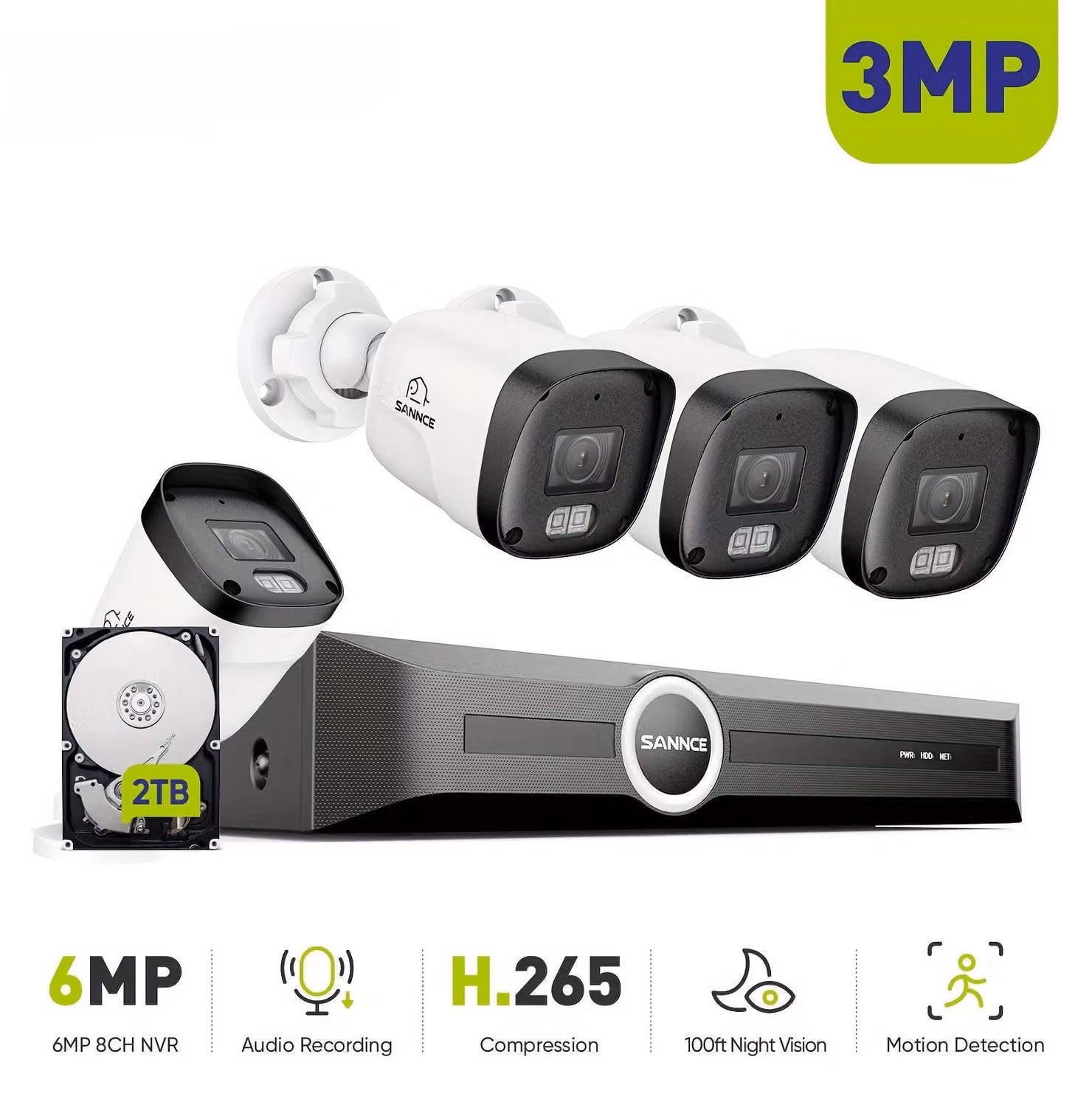 Sistema di sicurezza con 4 telecamere bullet, registratore da 6MP, 2TB di spazio di archiviazione, visione notturna fino a 30 metri e notifiche tramite app