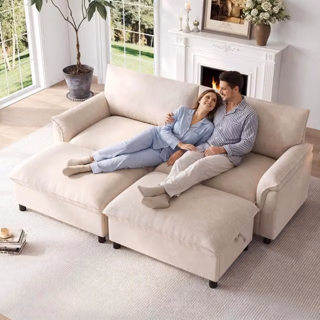 Divano angolare Cloud ¨C Minimal ¨C Beige tessuto imbottito con poggiapiedi 216x77x82 cm