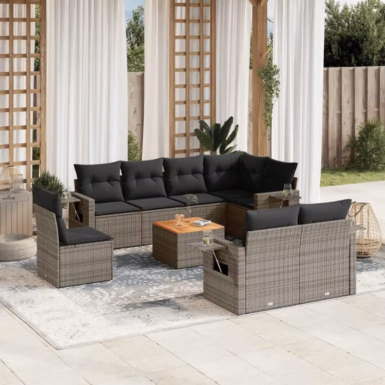 vidaXL Set Divano da Giardino a L in Polyrattan Grigio con 9 Pezzi e Cuscini