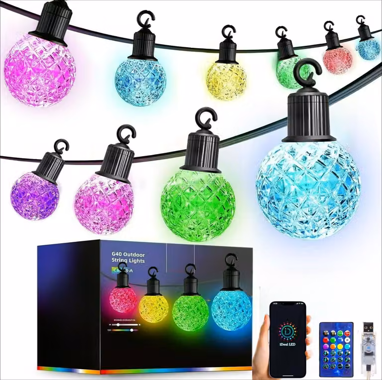 Catena luminosa a LED, 18 metri, grado di protezione IP65, multicolore, 25 lampadine RGB, controllo tramite app