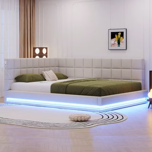 Letto divano 160×200 cm con illuminazione LED e porta USB, senza materasso, rivestito in lino beige