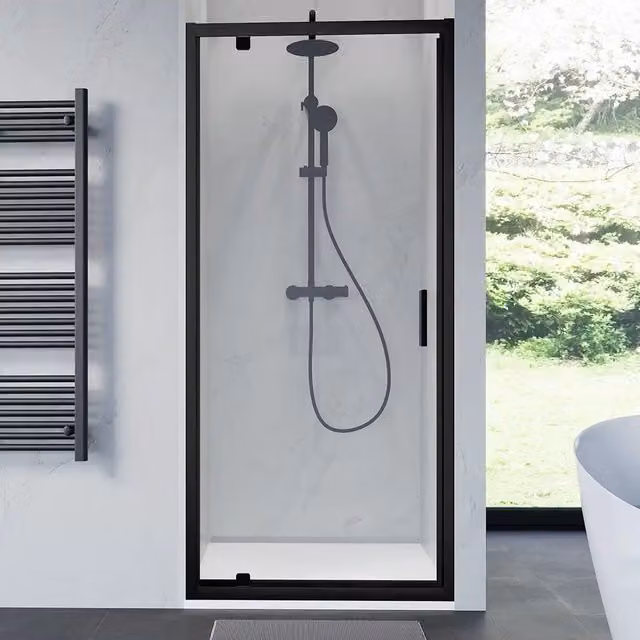 Porta doccia 100 cm apertura a battente profili neri opachi vetro trasparente | Apulia
