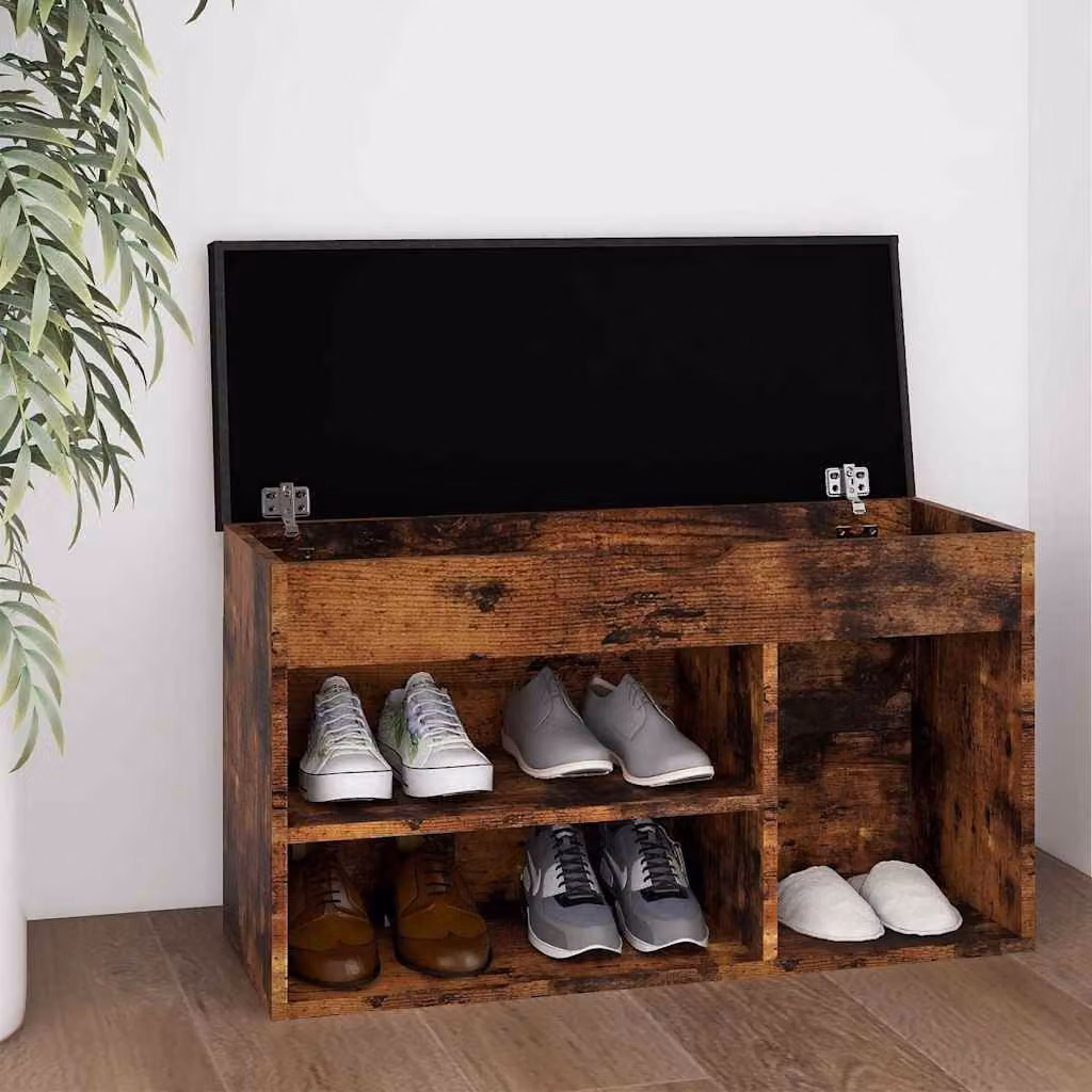 Panca porta scarpe vidaXL in legno Rovere Fumo con cuscino, L 80 x P 30 x H 47 cm