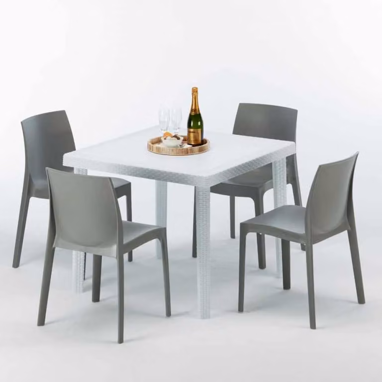 Tavolo quadrato bianco e 4 sedie in polipropilene colorato per esterni Grand Soleil Rome Love - Grigio