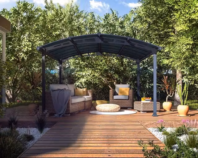 Gazebo in alluminio CANOPIA Tucson con tetto curvo in policarbonato e grondaia, colore antracite/grigio, L: 4.4 m x P: 3.6 m