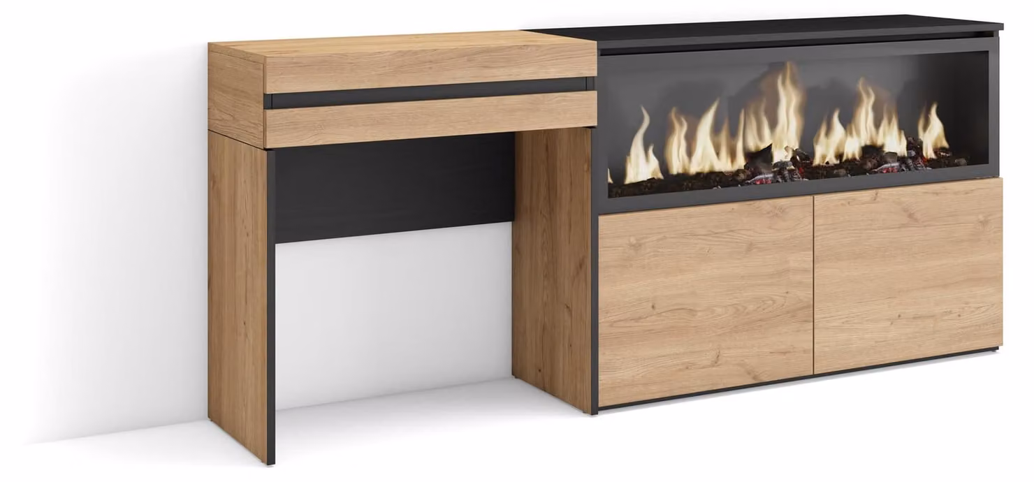Scrivania con camino integrato, spazio contenitivo, dimensioni 177x75x35 cm, legno di quercia, design moderno