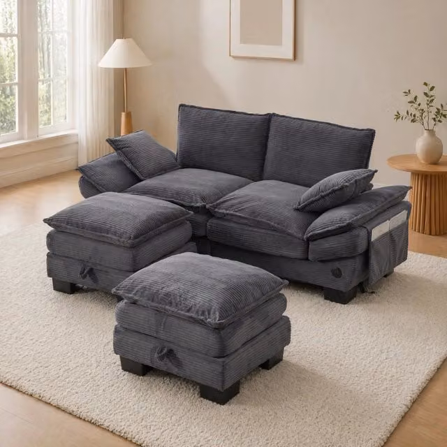 Divano modulare 2 posti in tessuto corduroy con 2 pouf; USB-C; grigio scuro