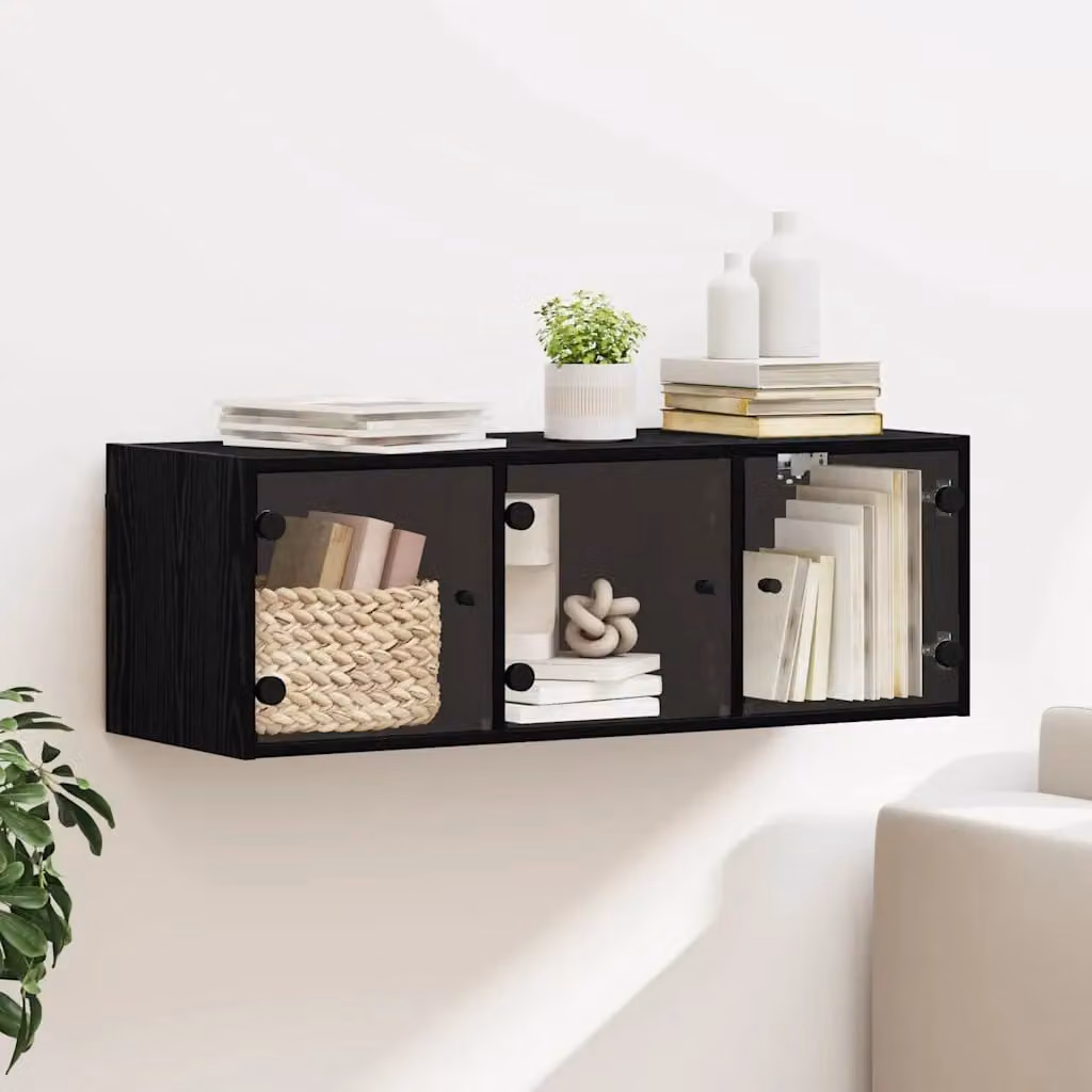 Armadietto a muro moderno vidaXL in legno e vetro nero con ante in vetro L 102 x P 37 x H 35 cm