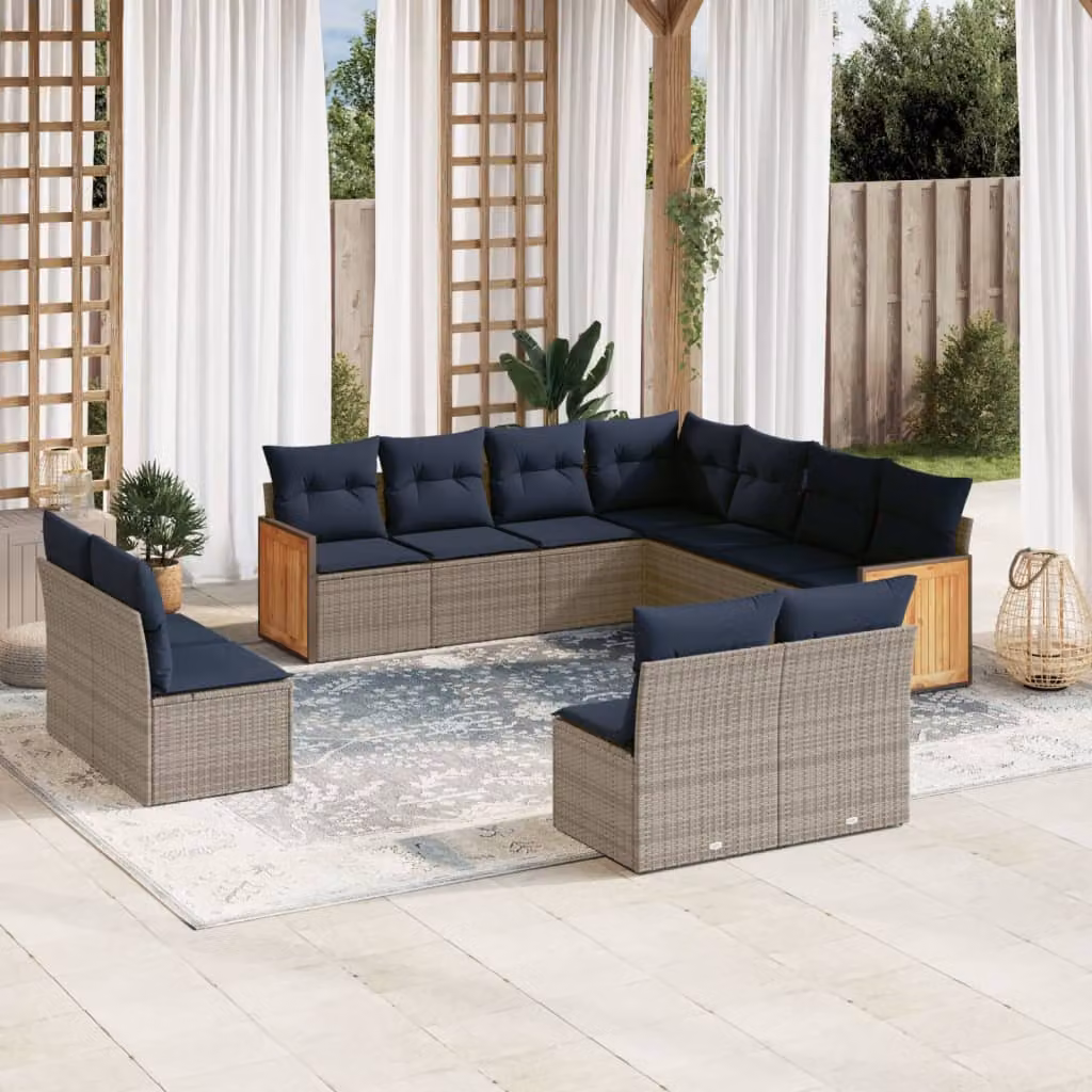 Set di divani da giardino vidaXL in polyrattan grigio con 11 pezzi e cuscini inclusi