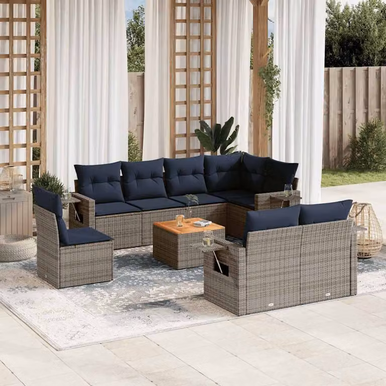 Set Divani da Giardino vidaXL 9 pz in Polyrattan Grigio e Blu con Cuscini e Tavolino da Esterno a Forma di U