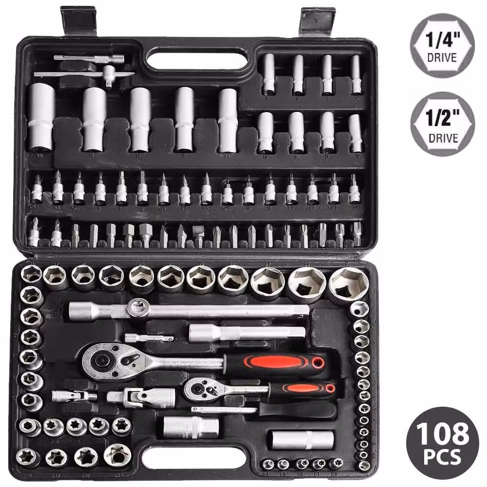 Kit di utensili - Set di chiavi a bussola con cricchetto, 108 pezzi - Per la riparazione di automobili - Chiave dinamometrica - Punte per cacciaviti