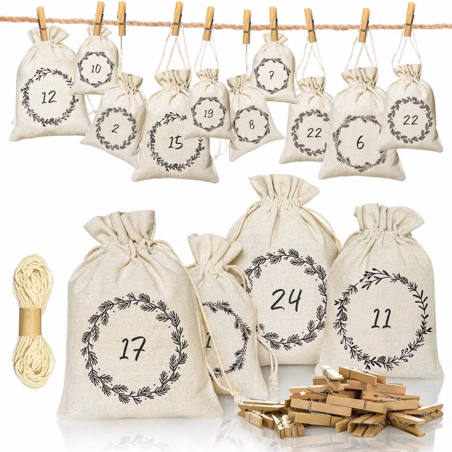 Calendario dell'Avvento riutilizzabile, in tessuto, colore nero e bianco, con 24 sacchetti, corda e graffette
